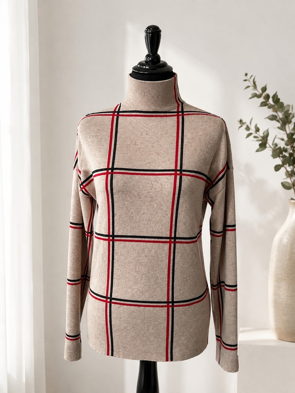 Tahari Beige Plaid Turtleneck Sweater with Red & Black Trim Size Large